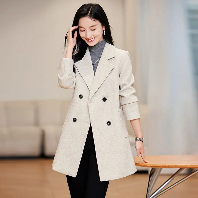 2024 New Autumn Winter Wool Coat Women Windbreaker Jacket Wool Lining Laminated Cotton Double-breasted Suit Outwear Clothes