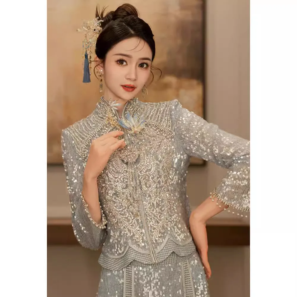 

Blue Xiuhe Clothing Bridal Exit Clothing Malay Gown Skinny Dragon Phoenix Gown Toasting Wedding Clothing