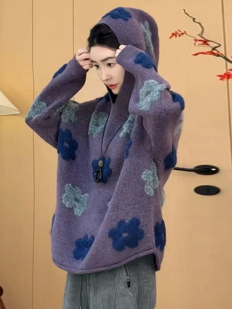 

Мягкий фиолетовый свитер с вышивкой в виде цветов, женский, свободного кроя, с эффектом стройности, вязаный, осенне-зимний, новый, повседневный, удобный...