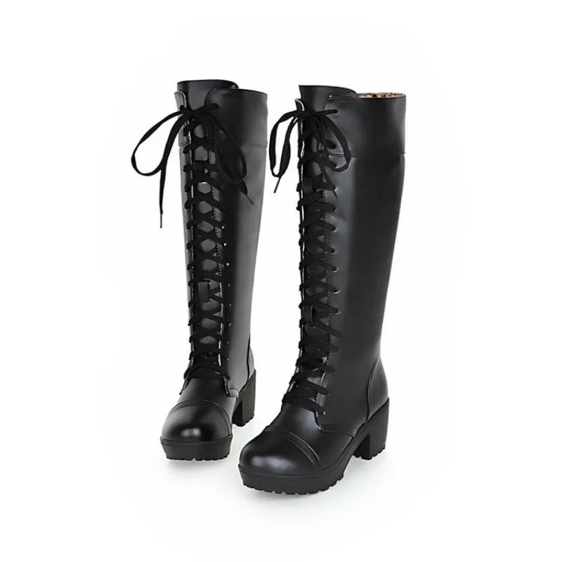 Women Boots Fashion Round Head Thick Heel Knee-high Boot Lace-up High Heeled Boots Women's Knight Boots Size34-43 Botas Feminina