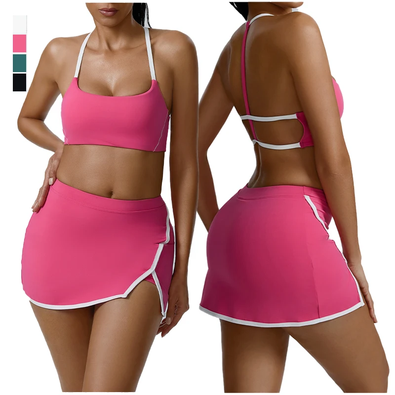 Women Tennis Set Sports Bra Gym Skirt With Shorts Stretch Badmintion Golf Suit Workout Yoga Outfit Women Fitness Tank Top Skort