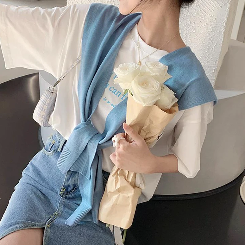 

Корейская вязаная шаль, летняя кондиционер, искусственный воротник, защита шеи, вязаная тонкая завязанная накидка, шарф на плечо для женщин