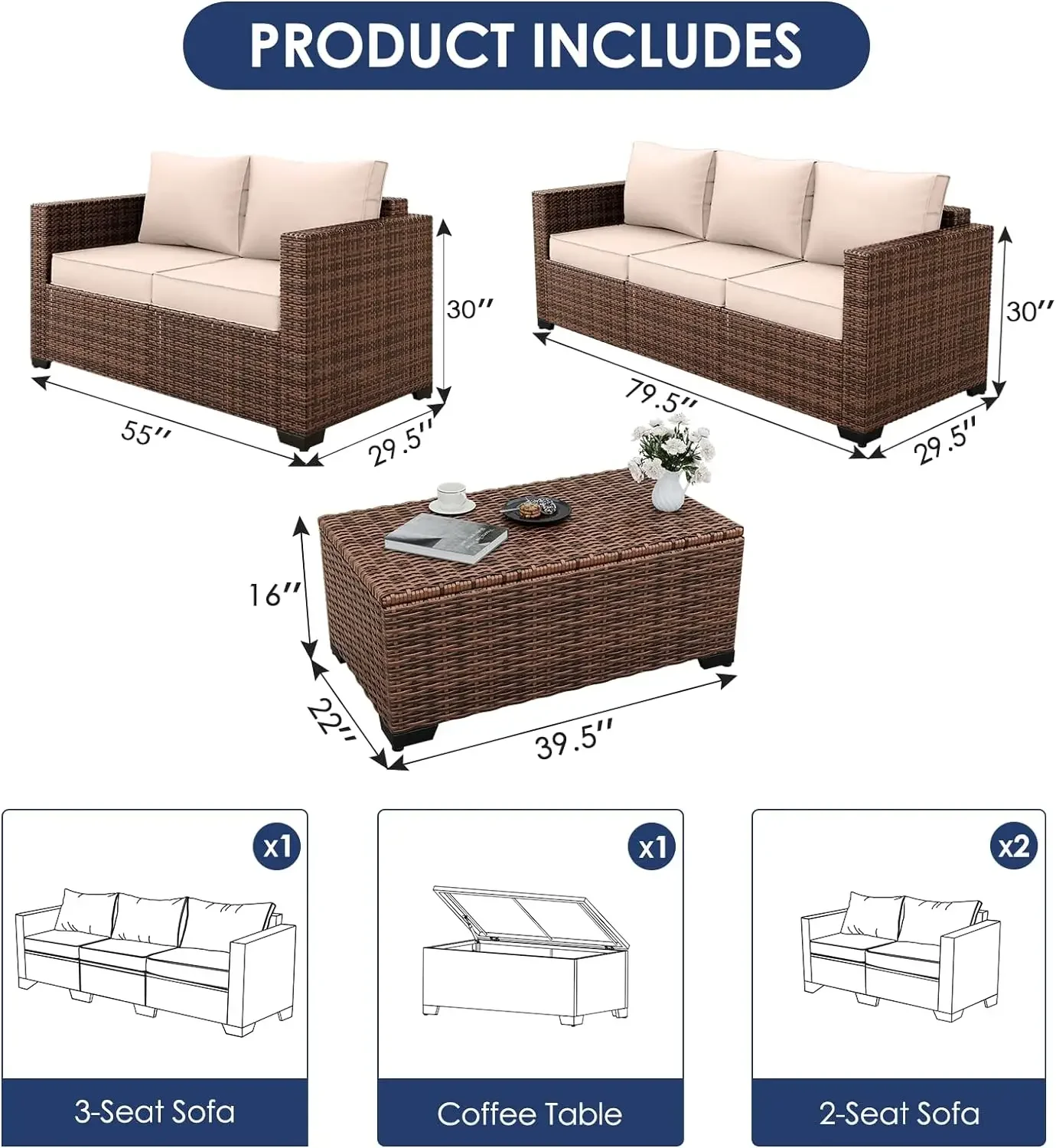 Patio Furniture Set Outdoor Sectional Furniture, Wicker Patio Sectional Sofa Rattan Couch with Storage Coffee Table