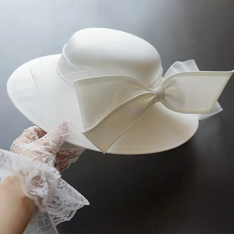 French White Bownot Satin Top Hat Women Banquet Elegant British Celebrity Dress Fascinator Bride Wedding Black Fedora Hat