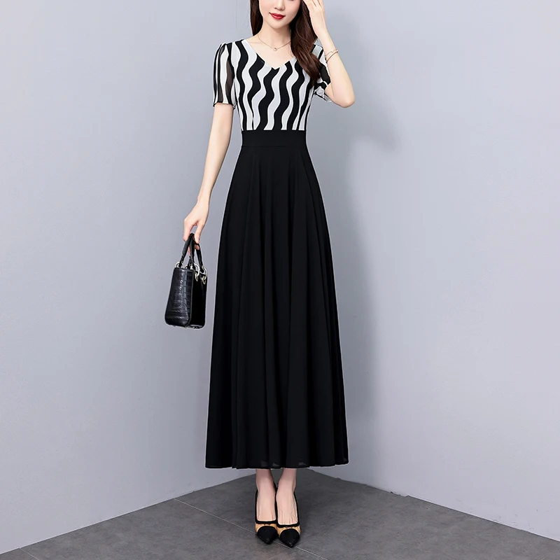 2025 Summer New Chiffon Casual Striped Dress Black Vintage Slim Fit Party Long Dress for Women Elegant Luxury Chic Prom Vestidos