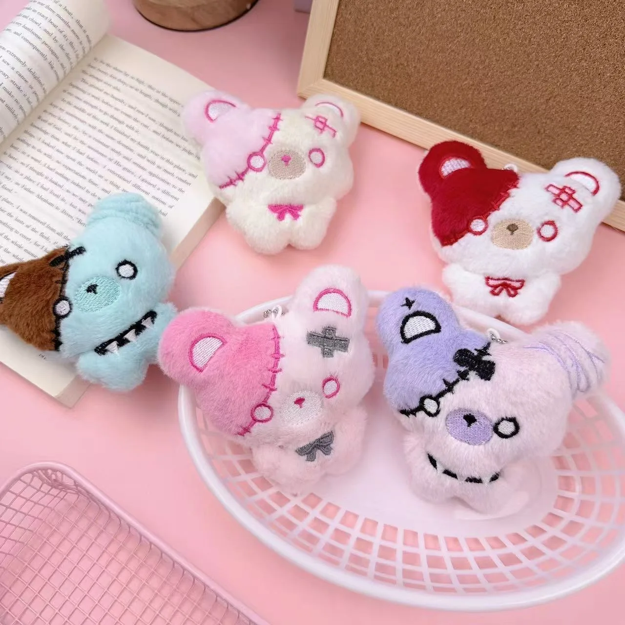 Cute Patchwork Plush Bear Bag Charm, Split Color Stitched Cartoon Doll Keychain, Sweet Gothic Subculture Backpack Decor Pendant
