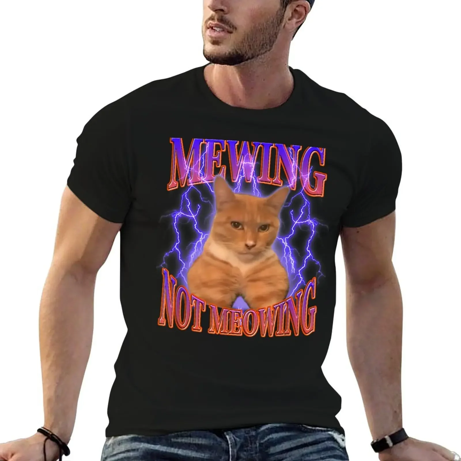 

Mewing Not Meowing Funny Cat Meme T-Shirt oversizeds vintage workout shirts for men