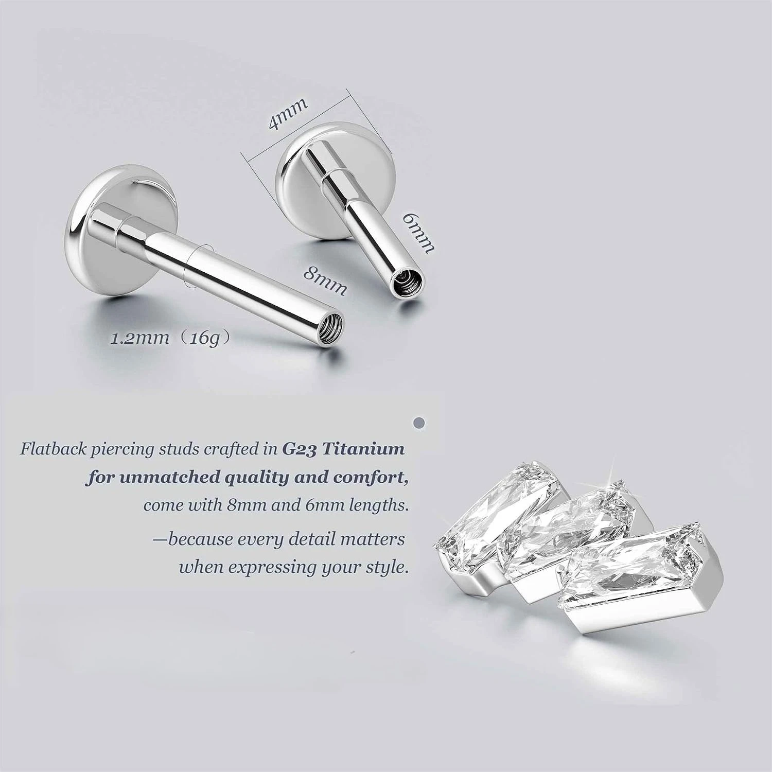 FASACCO 16G G23 Titanium Flat Back Internal Thread Cartilage Tragus Studs, Hypoallergenic CZ Piercing Earrings for Women 6mm 8mm