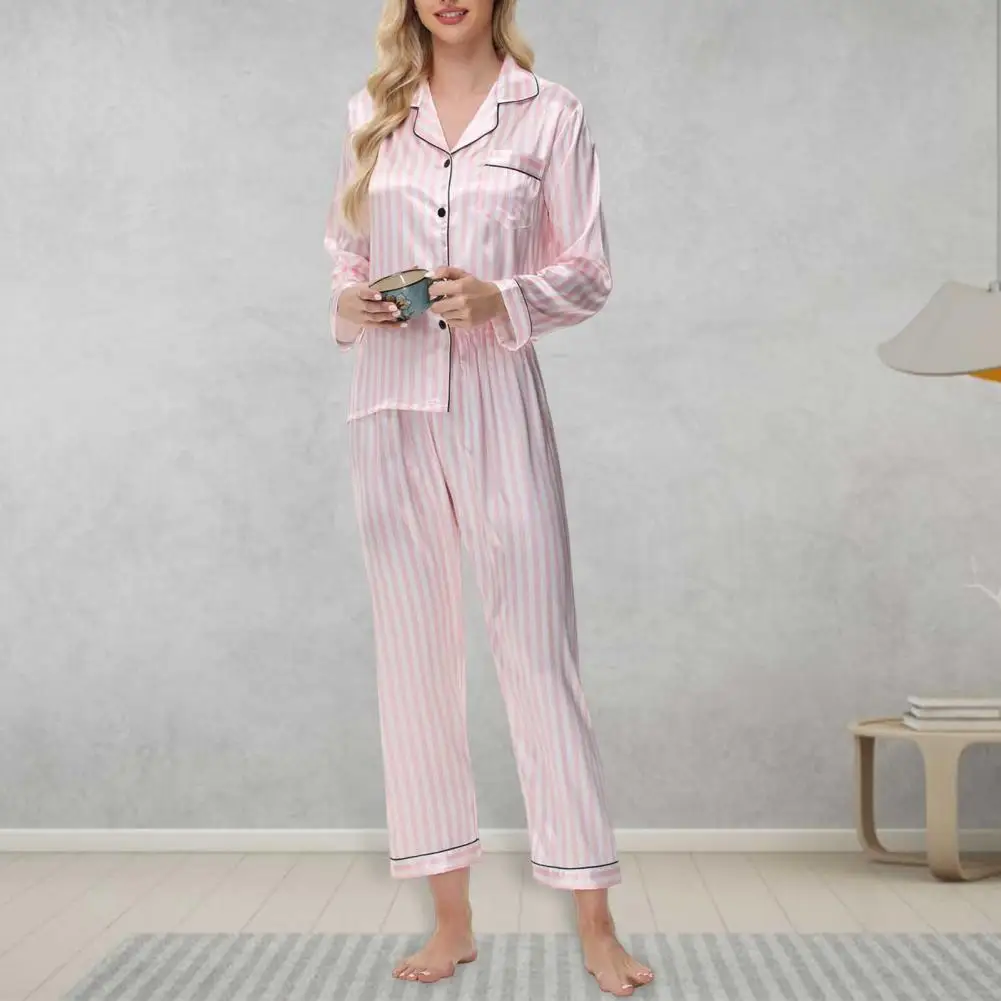 Lapel Nightgown Pants Set Lapel Stripe Shirts Pants Suits Luxurious Silk Satin Pajama Sets for Women Elegant Button Down Tops