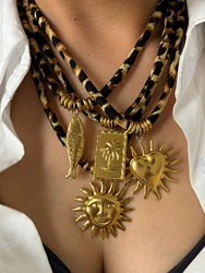GHIDBK Europe and America Exaggerated Stainless Steel Heart Sun Pendant Necklace Vintage Trend Leopard Print Necklaces for Women