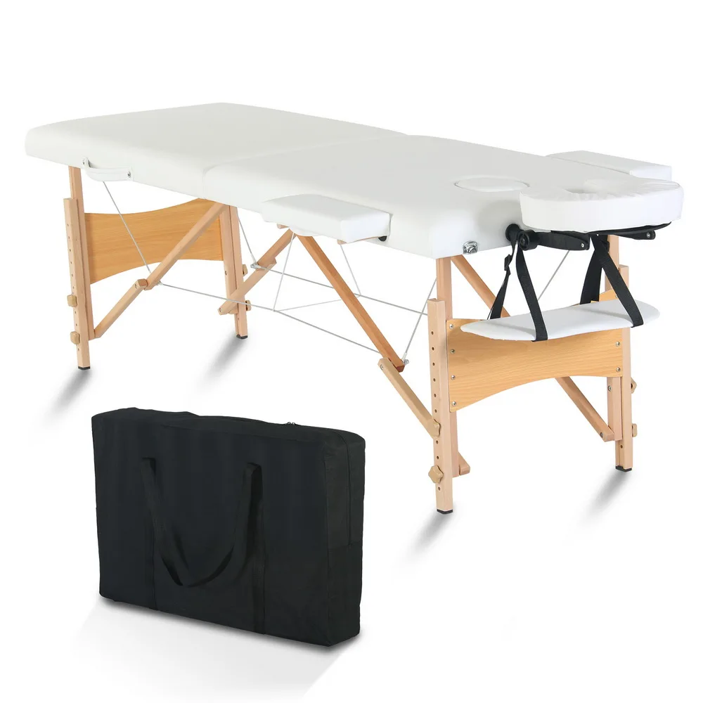 Beauty Massage Table Bed 2 Sections Folding Beech Leg 186x60x60CM Height Adjustable Versatile Portable White[US-Stock]