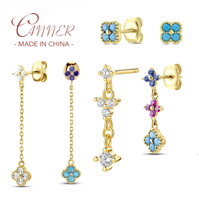 CANNER Real s925 Sterling Silver Earrings Flower Colorful Zircon Stud Earring For Women Girl Long Chain Earring Piercing Jewelry