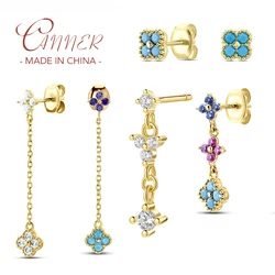 CANNER Real s925 Sterling Silver Earrings Flower Colorful Zircon Stud Earring For Women Girl Long Chain Earring Piercing Jewelry