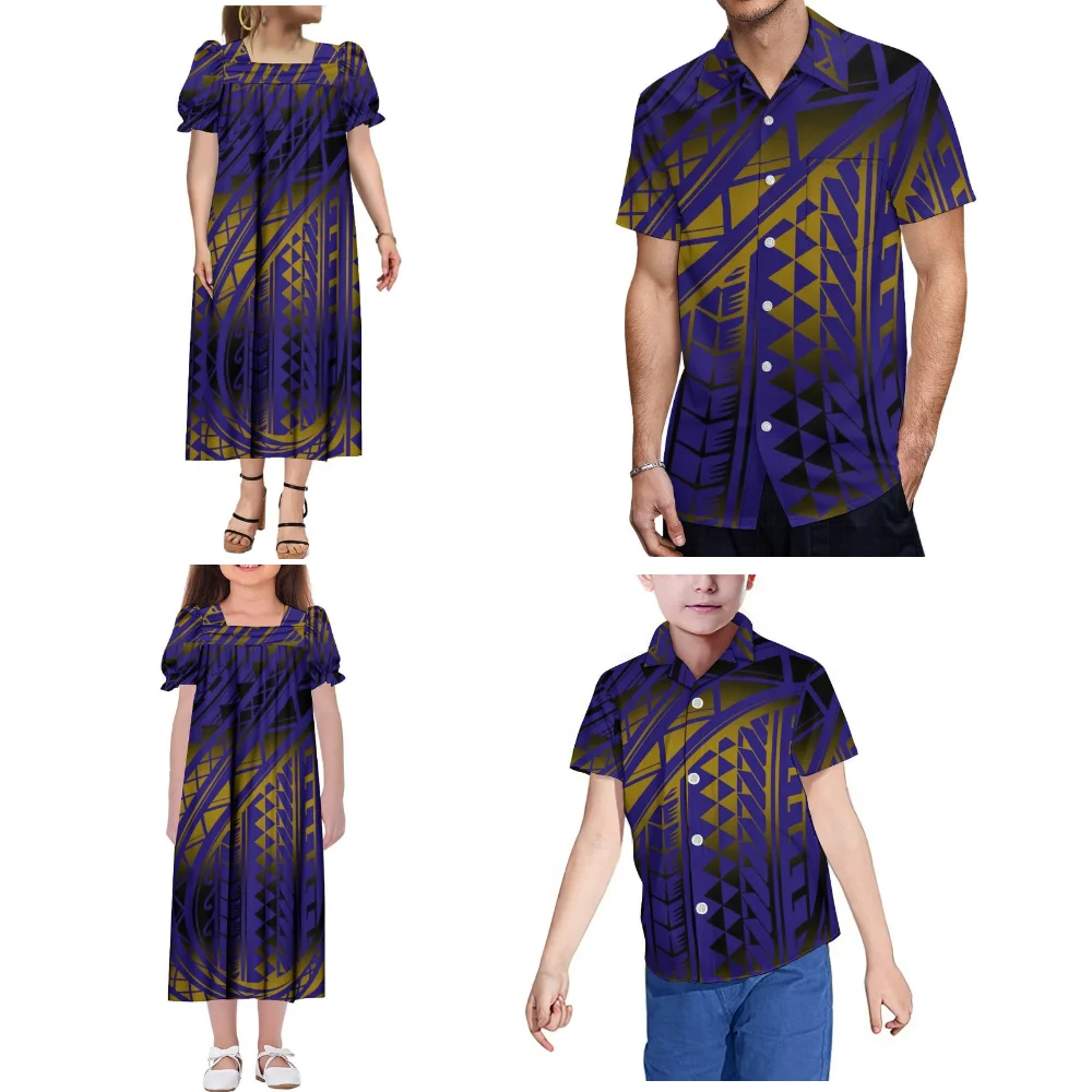 Conjunto Familiar de Alta Qualidade: Vestido Floral de Alta Definição para Mulheres (Mumu) e Camisa Casual Masculina com Bolso em Tecido Macio para Fe