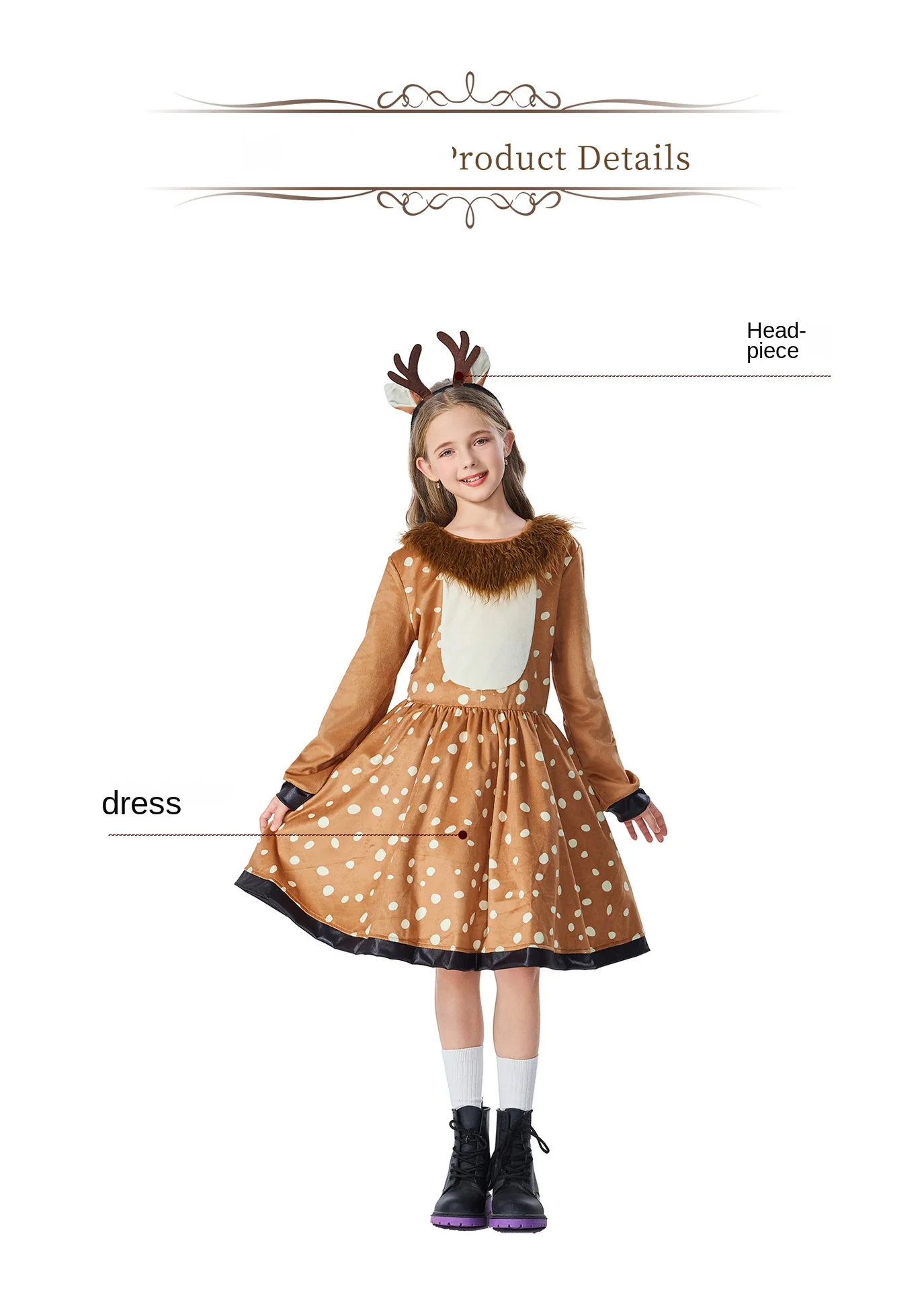 Wunderschönes Weihnachts-Rentier-Kostüm für Kinder, weiches, gepunktetes, ausgestelltes Festkleid, Weihnachts-Bühnenauftritt, Party, Tierkostüm – Detail 3