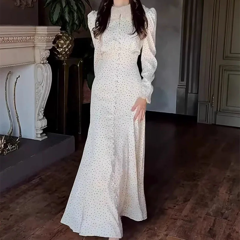 

Printed long sleeved women's waist cinching long skirt with doll collar lace up button design slim fit dress