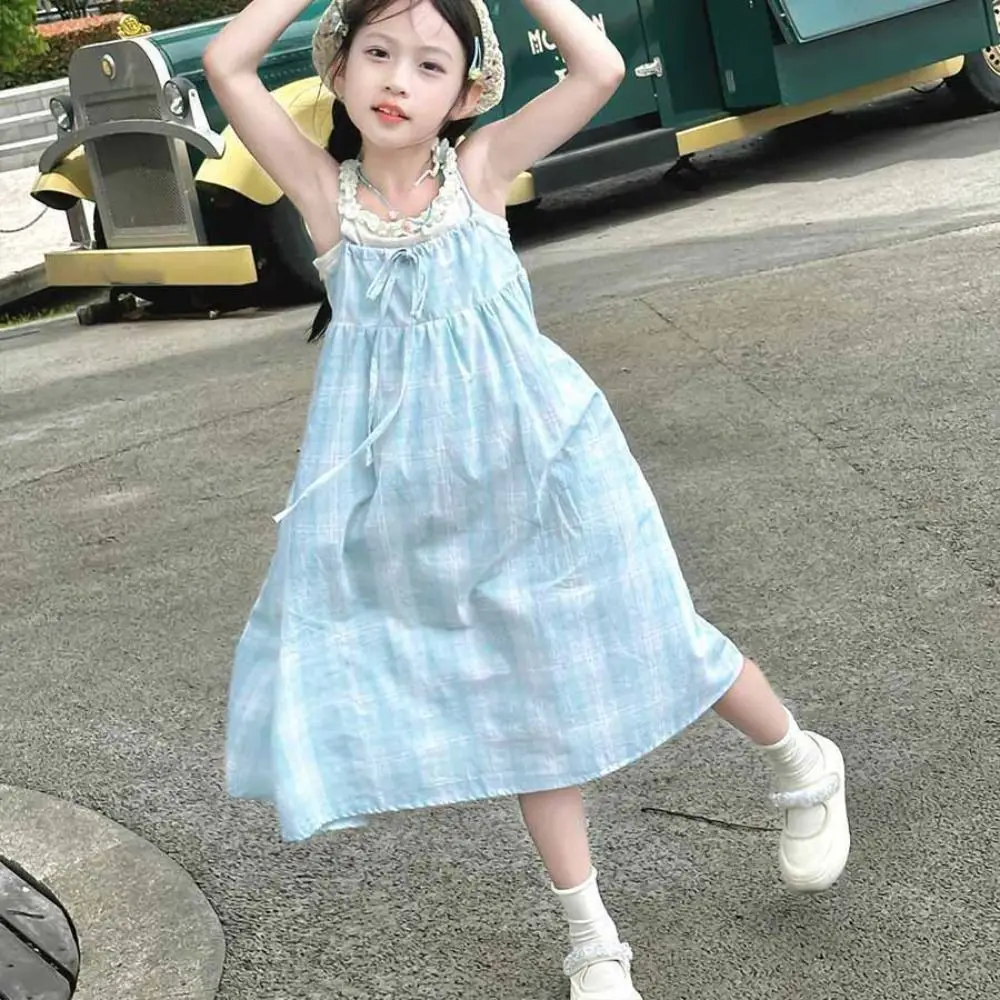 

Fashion Loose Girls Princess Grid Dress Party Beach Vacation Summer Kids Dresses Teenagers Sweet Children Sling Dress Students