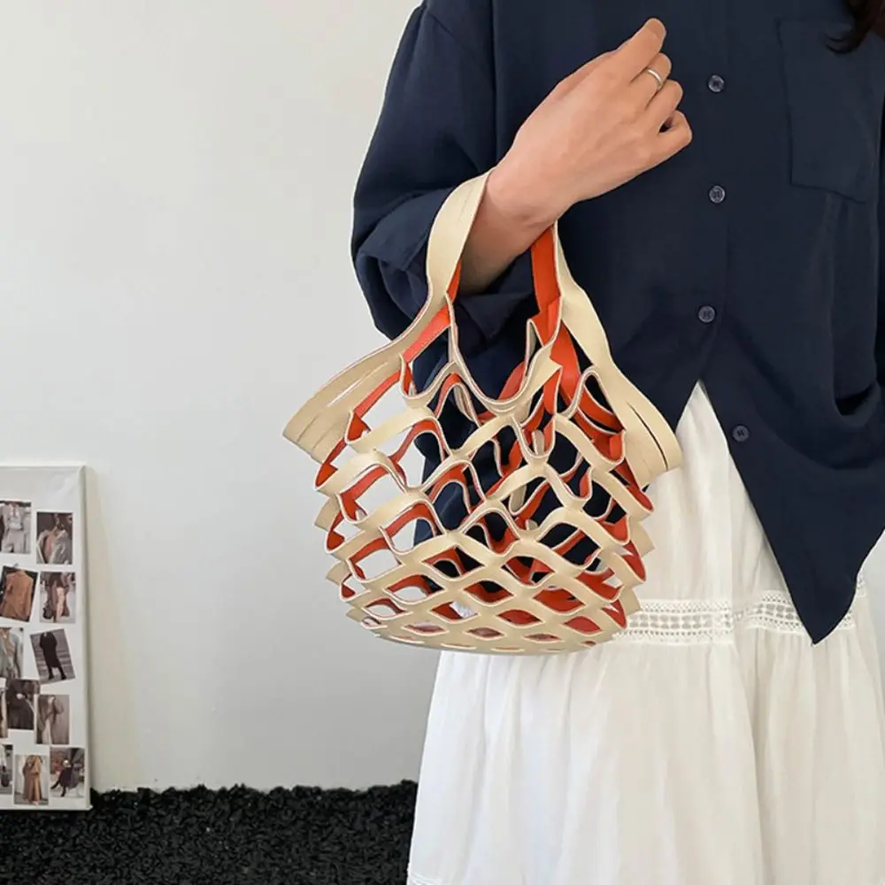 Fashion Large Capacity Leather Folding Tote Bag Fashion Simple Woven Handbag Handbag Foldable Leather Mesh Tote Bag Beach