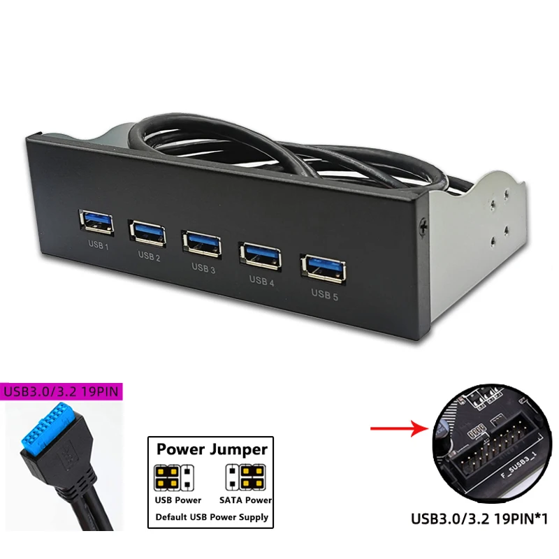 20Pin 5Port USB 3.0 Front Panel 5Gbps USB3.0 Hub Expansion Cable Adapter Metal Bracket for PC Desktop 5.25 inch CD-ROM Drive Bay