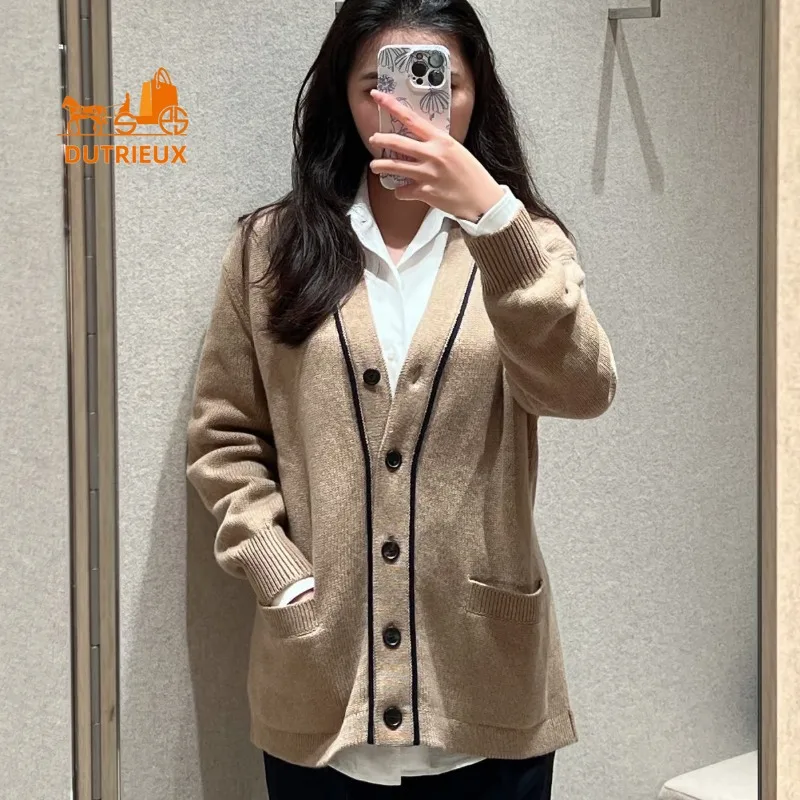 Cardigan en cachemire à col en v pour femme, manteau élégant et décontracté, Style minimaliste, 100%