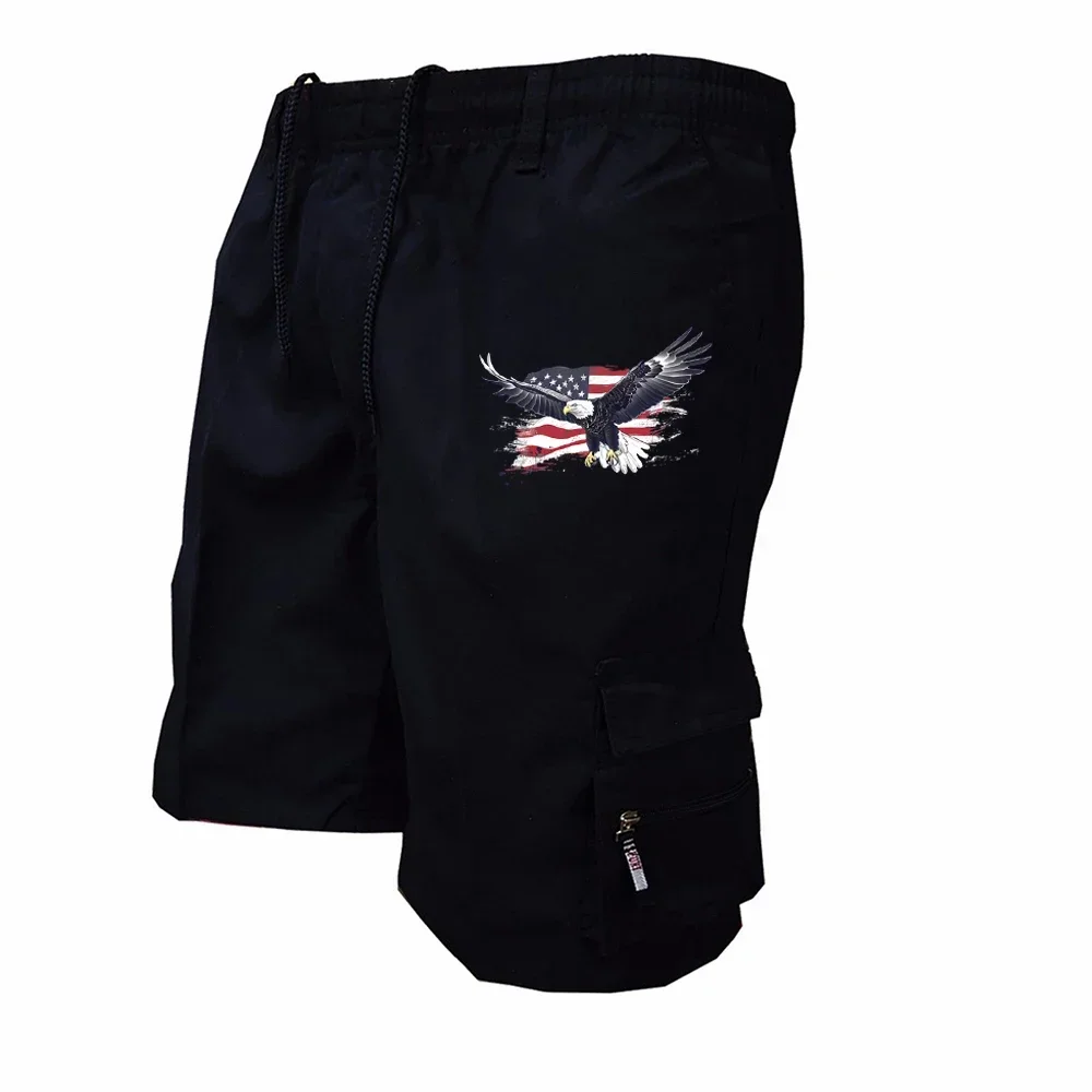 Summer Men Casual Cargo Shorts USA Flag Bald Eagle Print Multi Pocket Drawstring Waist Outdoor Beach Short Trousers
