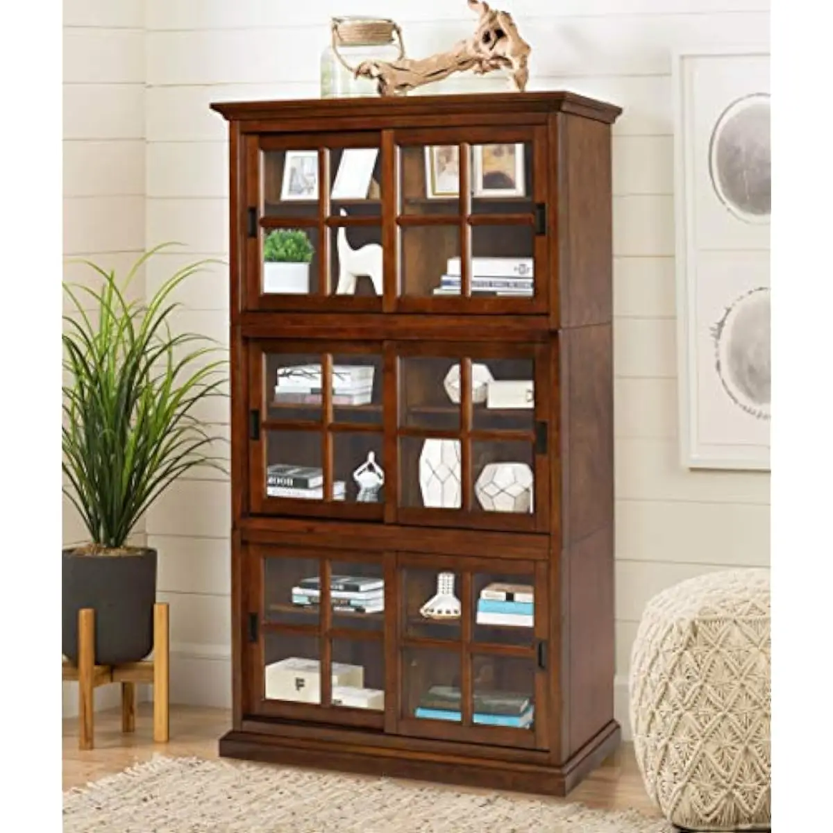 Tall Modular Bookcase 80 Inches High with Sliding Glass Doors Adjustable Shelves Engineered Wood and Glass Construction Coffee F