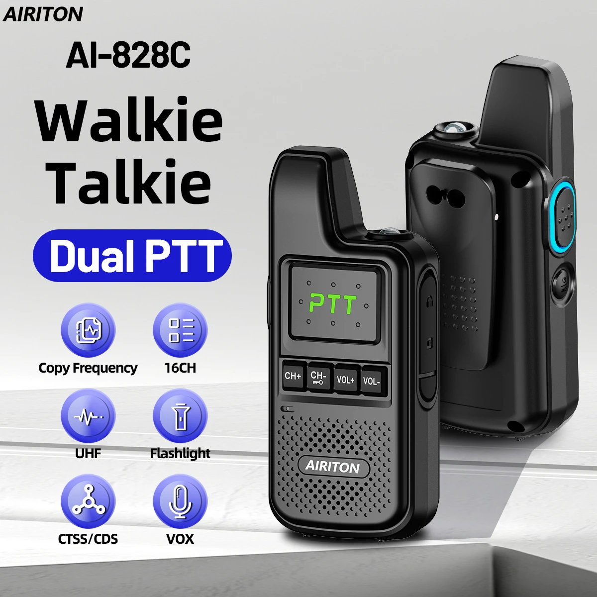 2PCS AIRITON AI-828C Mini Walkie Talkie Dual PTT Wireless Copy Frequency HD Sound Portable UHF 16 Channels Long Range Ham Radio