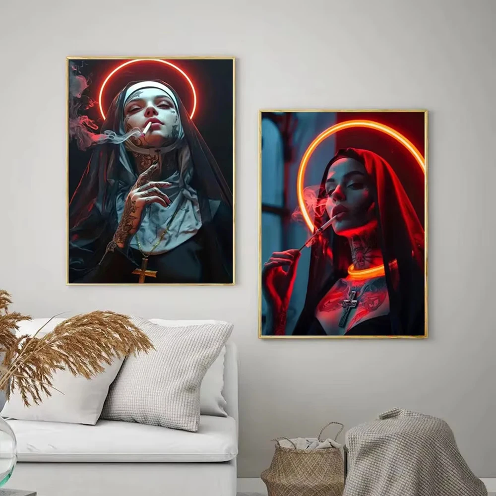 Fashion Girl Tattoo Nun Canvas poster Wall Art Vintage Elegant Canvas Printing For Living Room, Bedroom And Home Decoration view 3