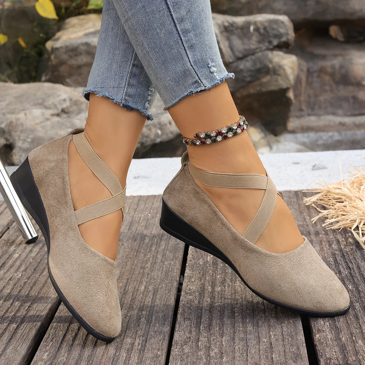 Comfortable Round Toe Mary Jane Wedges with Elastic Cross Strap, Lightweight & Versatile, Ideal for Walking, Shopping Comfort