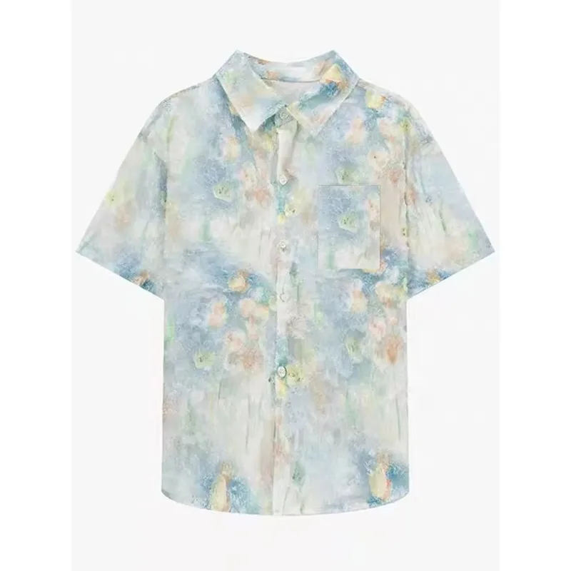 

Мужская синяя рубашка с акварельным принтом, короткий рукав, повседневная, с воротником на пуговицах, пляжная рубашка