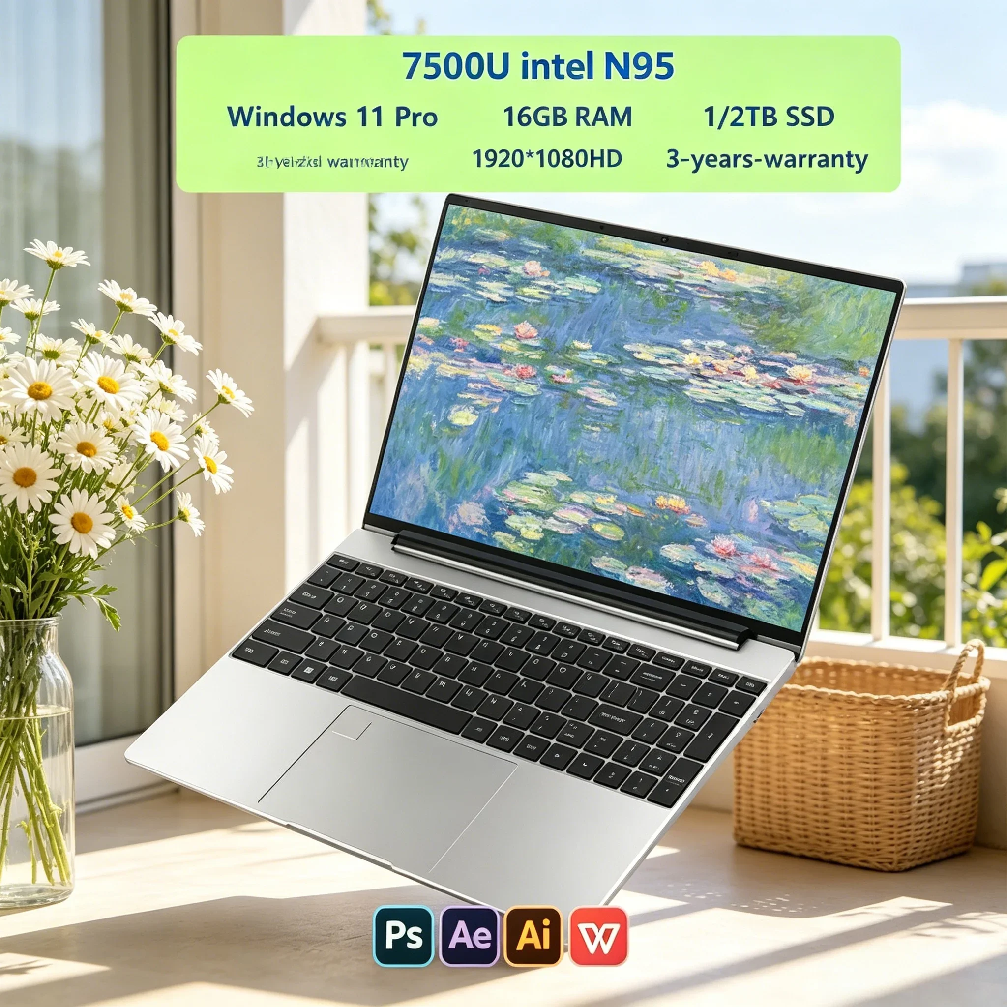 Laptop de 14.1" 120Hz Intel N95 32GB RAM 2TB SSD Desbloqueio por Impressão Digital Teclado Retroiluminado Notebook Portátil com Windows