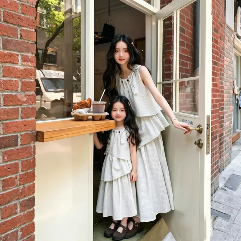 Mommy and Me Matching Dress Mom Daughter Sleeveless Tiered Dress Summer Casual Parent Child Outfits Korean Style Family Clothes