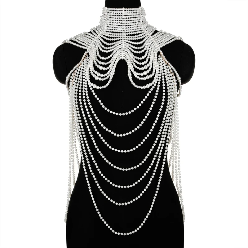 Women Layered Faux Pearl Bib Necklace Collar Beads Tassel Jewelry Shoulder Chain