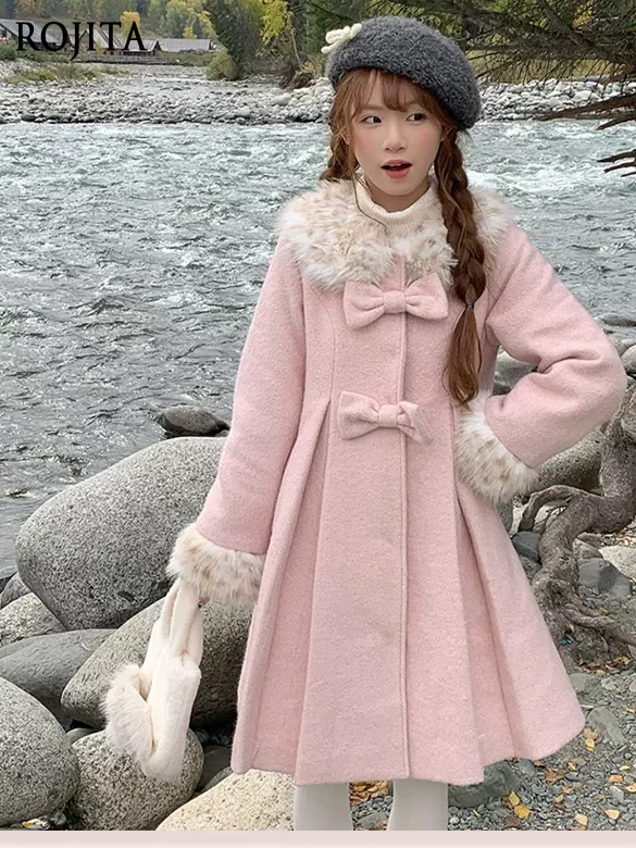 Women Sweet Lolita Blend Coat Faux Fur Collar Cuff Bow Decor A‑Line Swing Winter Outerwear