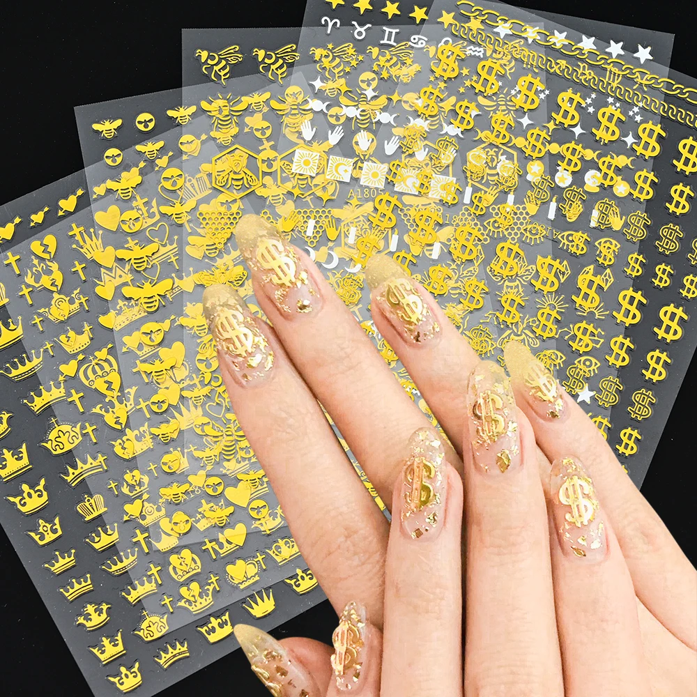 1pc 3D Luxury Money Dollar HoneyBee Nail Stickers Self Adhesive Gold Crown Decal Manicure Tips Slider Nail Art Decoration Tool