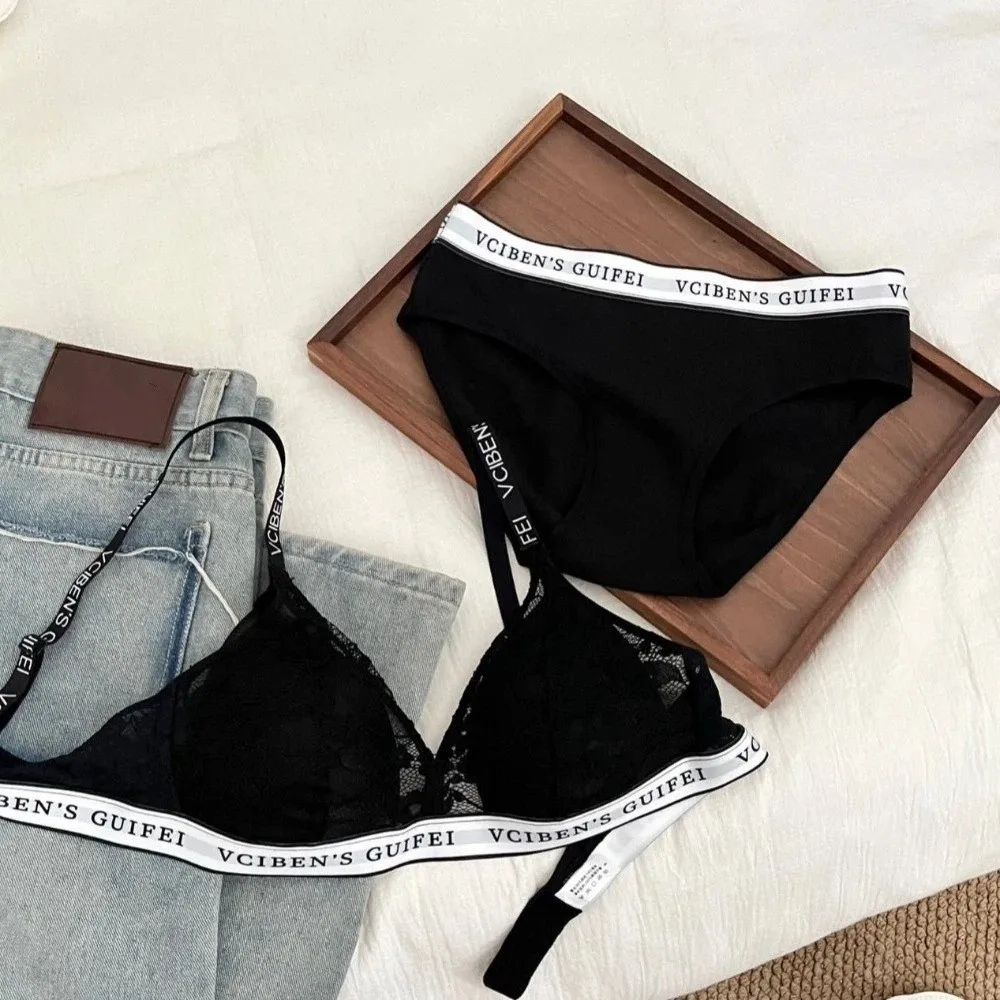 Fashion Letter Design Lingerie Set Deep V Lace Women Underwear Suit Wireless Color Blocking Bra Panties Set Girl