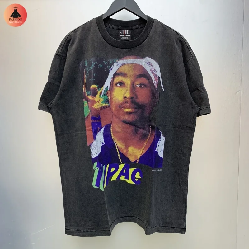 

Black New MKSZY2pac Vintage Character Print Crew Neck Washed Cotton Mens Womens Oversize T-Shirt