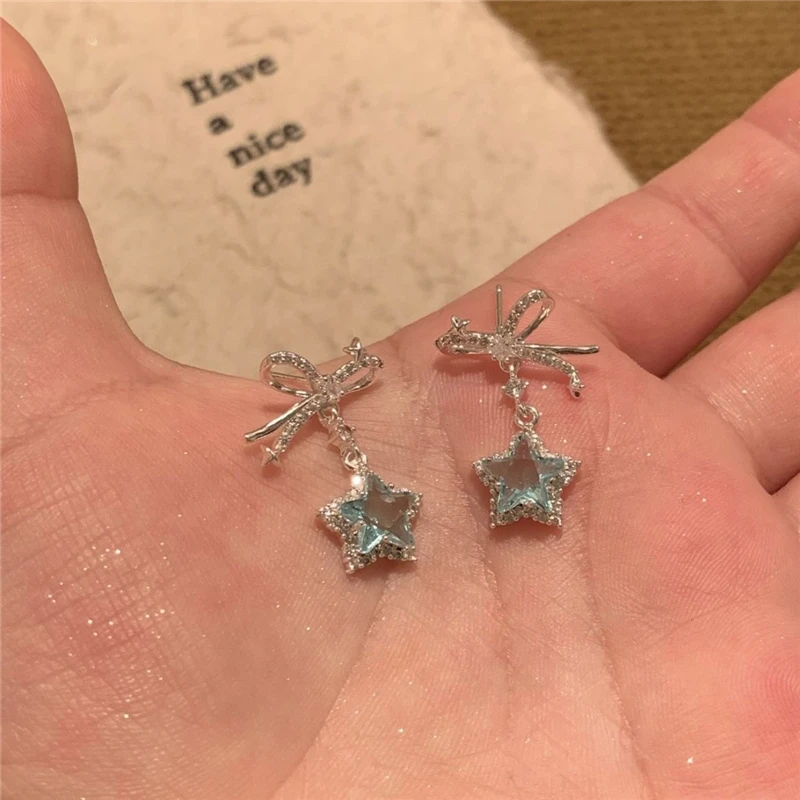 Goth Y2K Vintage Aesthetic Crystal Pentagram Star Bowknot Pendant Earrings For Women Sweet Fantasy Fashion Jewelry Accessories