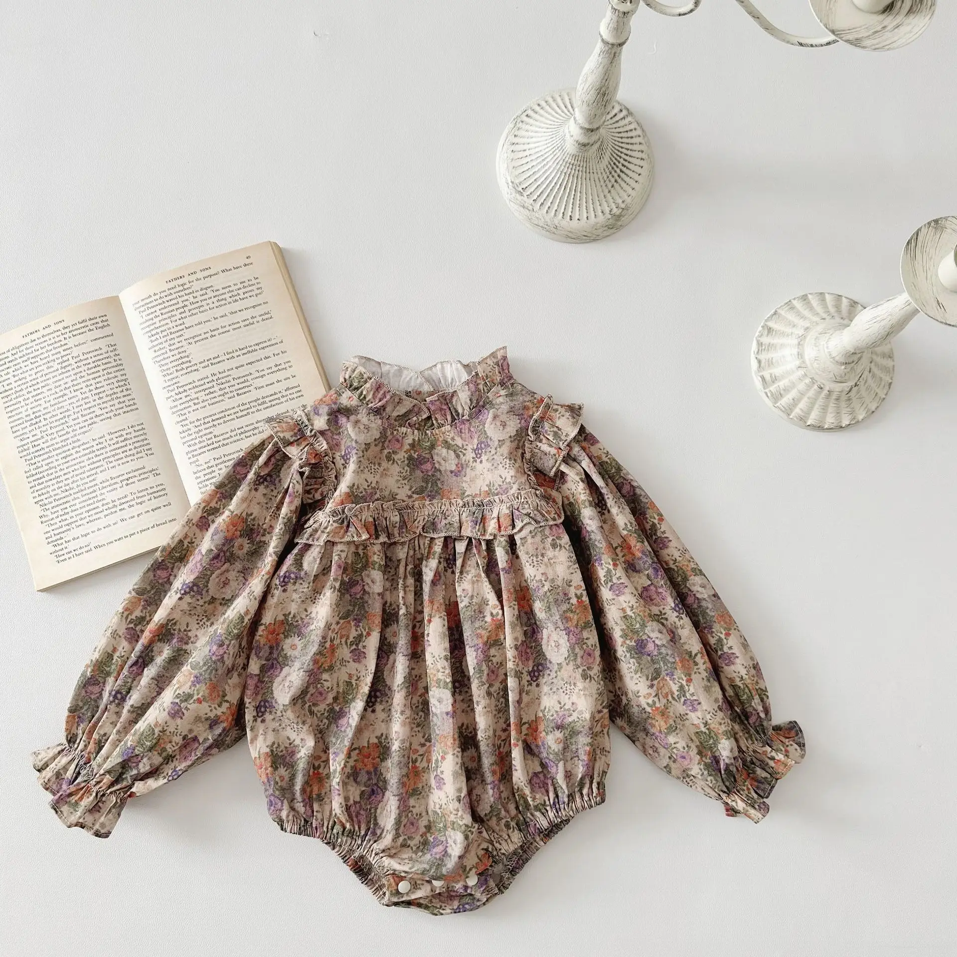 

Autumn New Baby Girl Long Sleeve Floral Bodysuit Cotton Newborn Infant Girls Vintage Print Jumpsuit Toddler Clothes 0-24M