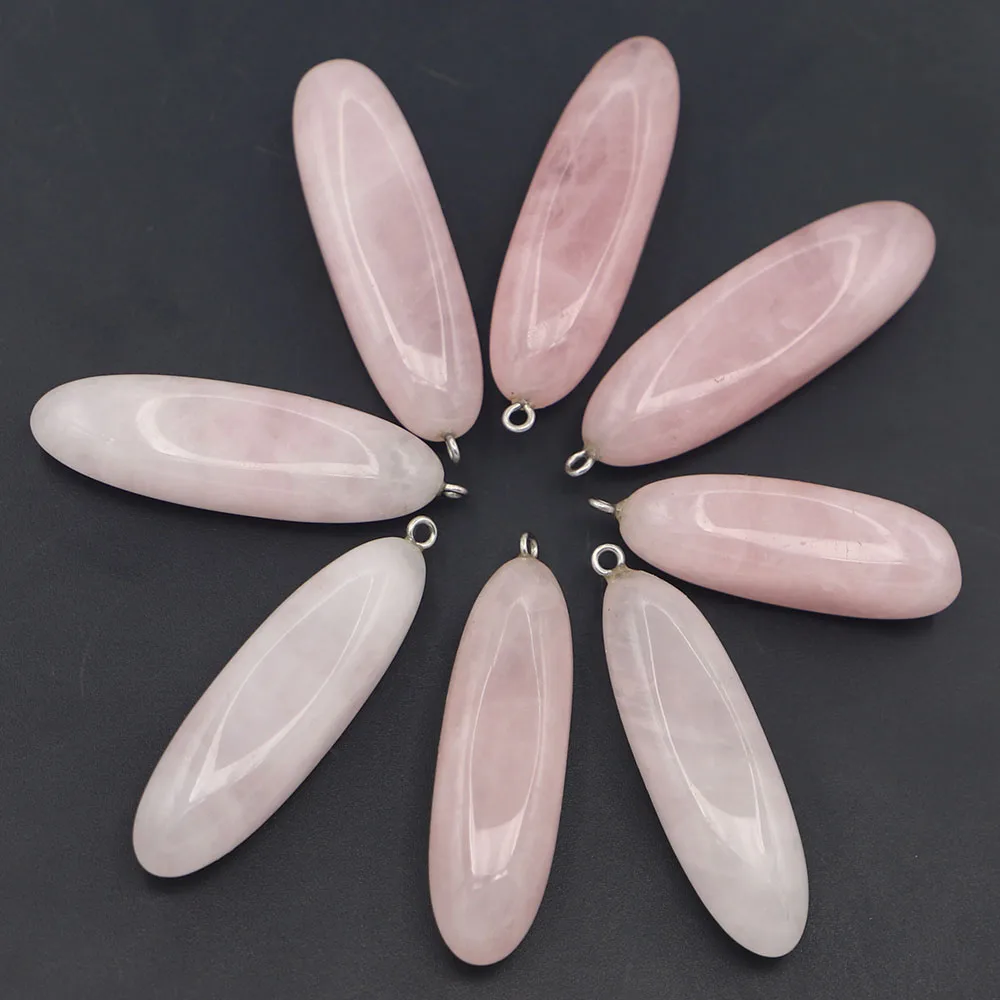 Selling Natural Stone Long Oval Shape Rose Quartz Pendants Necklaces Reiki Charms DIY Making Jewelry Accessories Wholesale 12Pcs