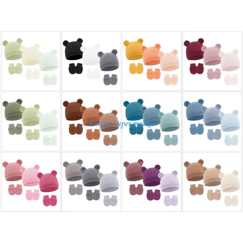 

090B 3 Set Newborn Fetal Cap And Gloves Cotton Breathable Fabric Gentle Skin Hat & Mittens Prevents Scratching Baby
