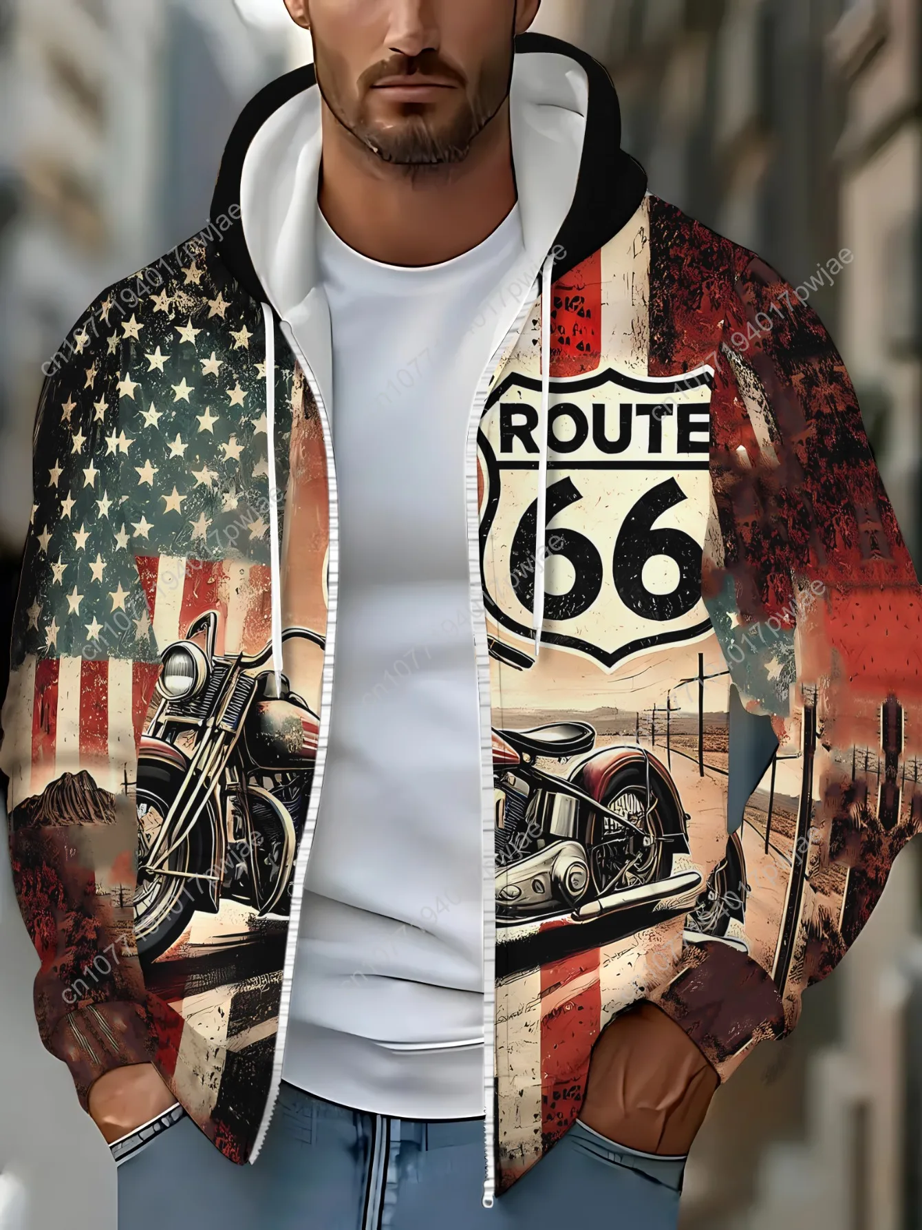 Мужская кепка на молнии с длинными рукавами, спортивная одежда, винтажная толстовка с мотоциклетным принтом для путешествий на открытом воздухе, мягкая полиэфирная ткань, красный, белый, синий