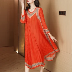 Pleated Printed Dress Premium Sense Hundred Temperament Pleated Seven-minute Sleeve Colorful Loose Thin Mid-length Skirt