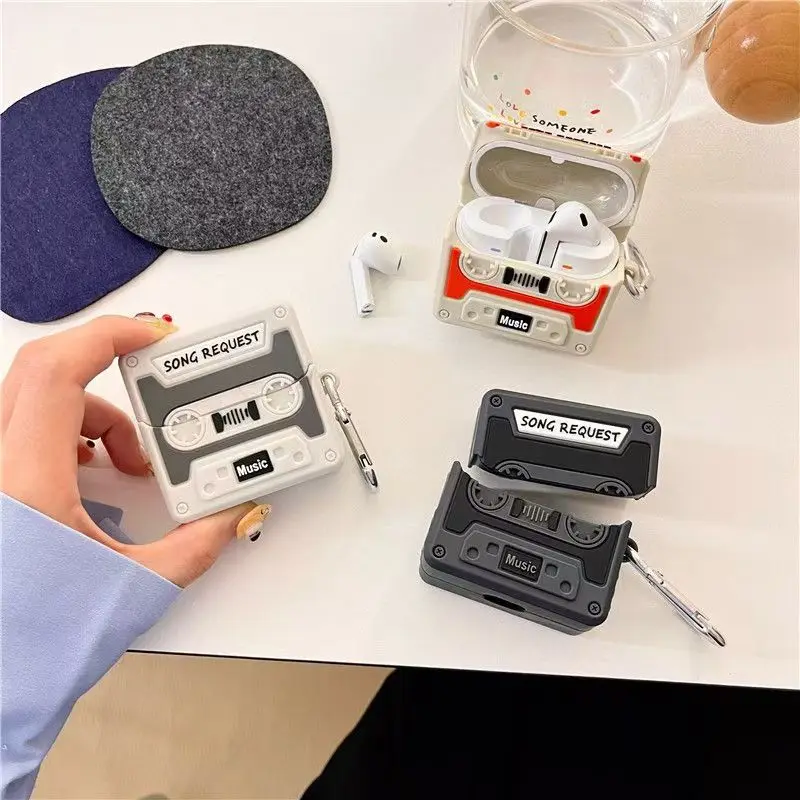 جراب سماعة رأس ثلاثي الأبعاد مضحك بنمط الشريط الكلاسيكي مع سلسلة مفاتيح ، حافظة سيليكون لسامسونج جالاكسي براعم 3 برو