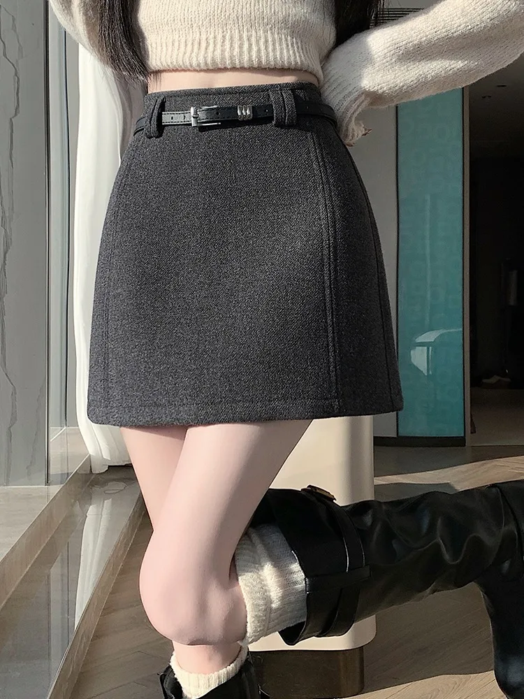 Khaki Woolen A-Line  Skirt Women's Winter 2025 New High Waist Slimming Casual Bodycon ort Skirt Ci Walk PVC Fabric