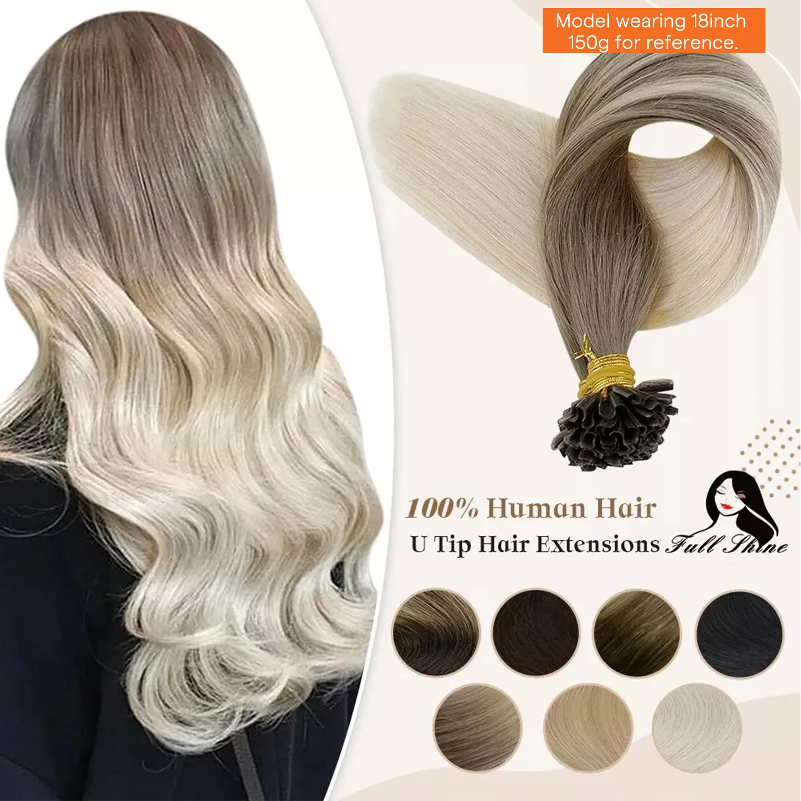 

Полный блеск U-образный кончик для наращивания волос Fusion Hair Balayage Color 40-50 г Кератиновые клеевые бусины Предварительно склеенные наращивание человеческих волос