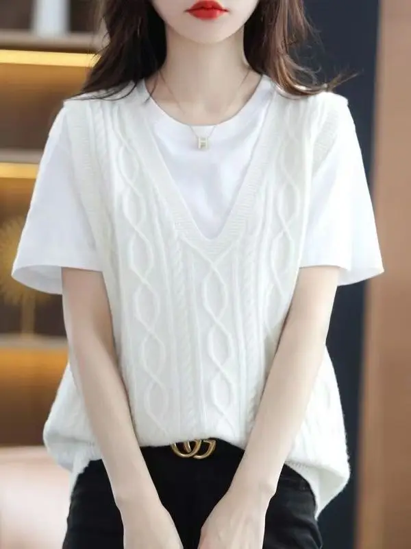 Loose Casual Knitted Vest Women's V-neck Brand Buckle Korean Style New Model Layered Wear Sweater Top Glue Splice Process
