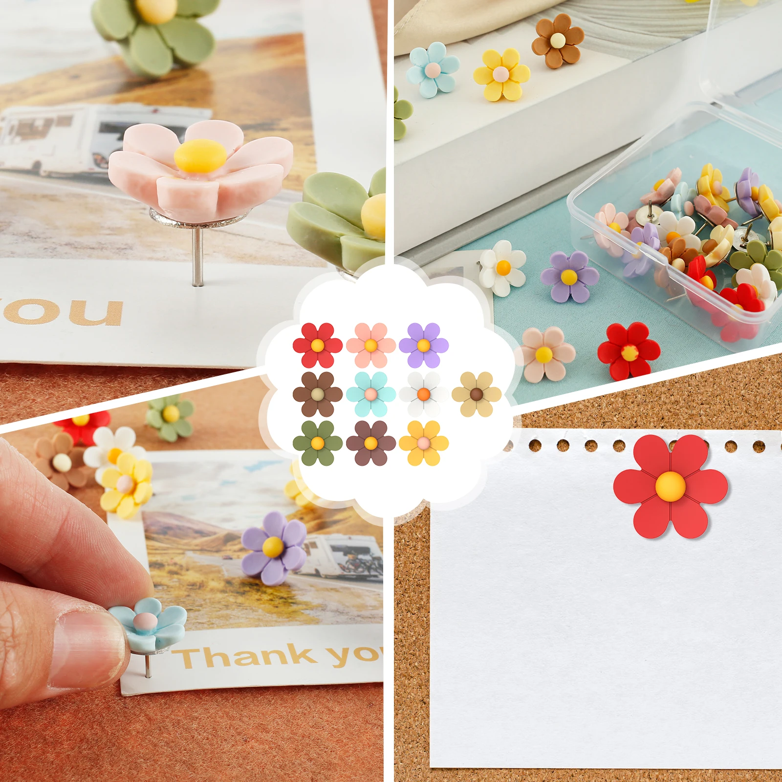 30Pcs Flower Push Pins Set 10 Colors Resin Cute Flower Tacks Decorative Thumb Tacks Reusable Push Pins with Storage Box for Cork