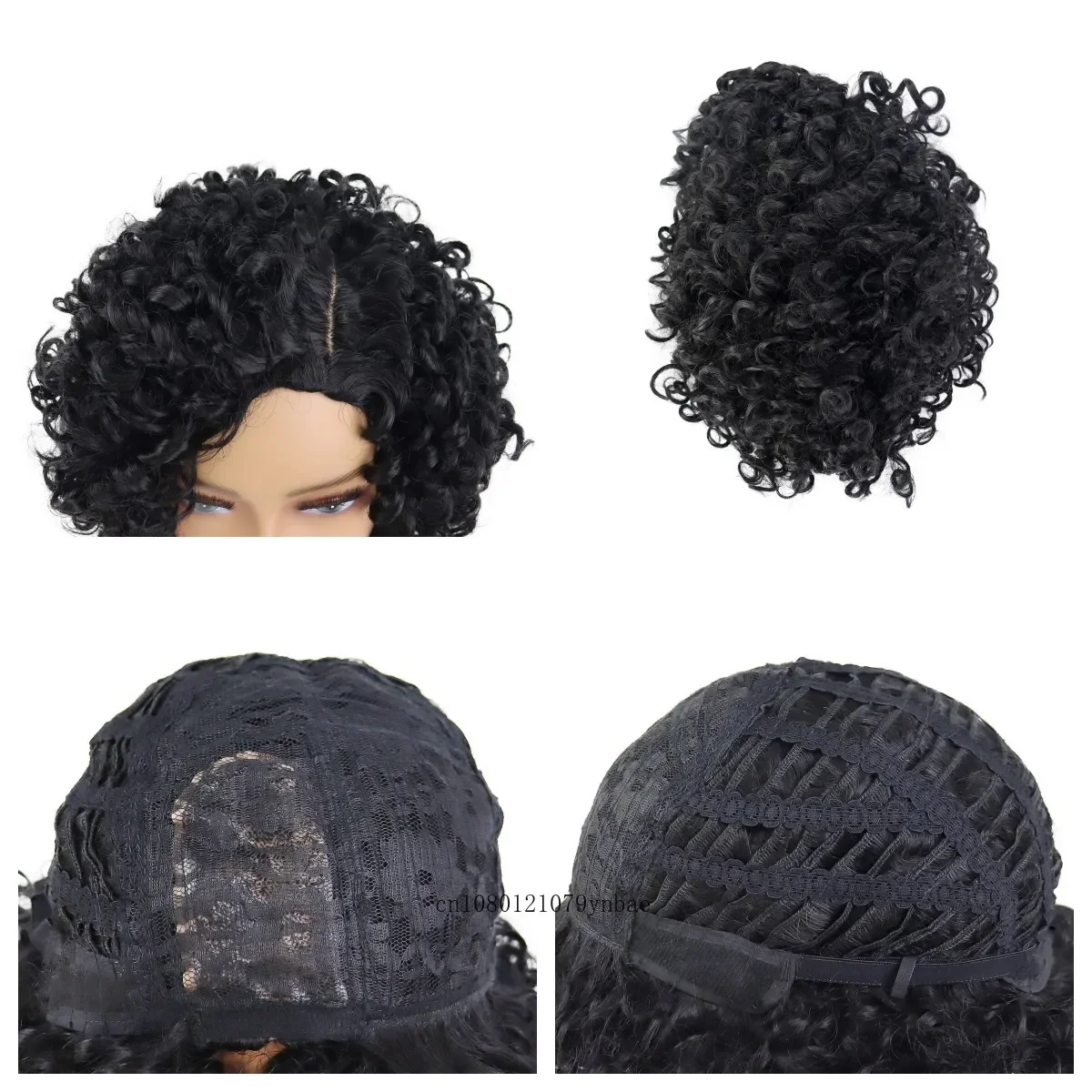 Wig hitam sintetis dengan poni untuk wanita Wig keriting Afro pendek gaya rambut Amerika Afrika tahan panas pesta kostum Halloween