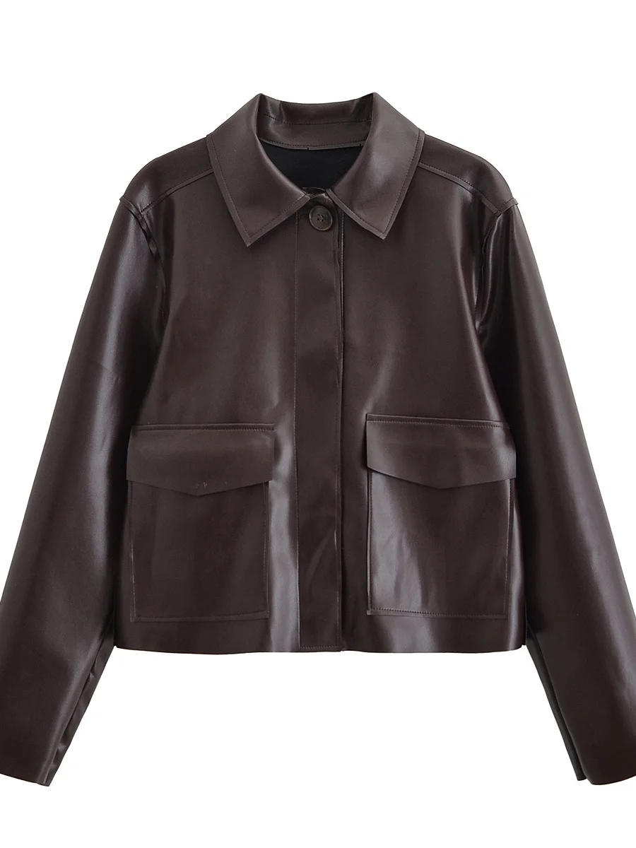 معطف نسائي ريترو Sle ort Jaet فضفاض مناسب من الجلد الصناعي بياقة مقلوبة وصل حديثًا لخريف 2025 ملابس خارجية للسيدات